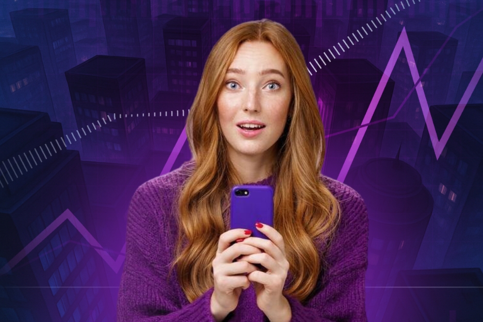 A woman displays a purple phone while standing before a city skyline, highlighting the urban landscape.