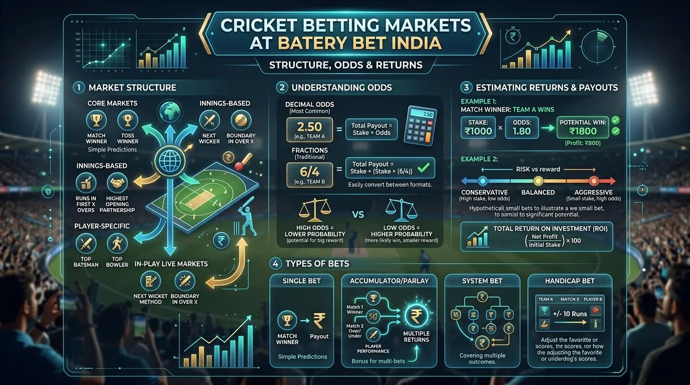 Cricket Betting Markets at Batery Bet India: Structure, Odds and Returns